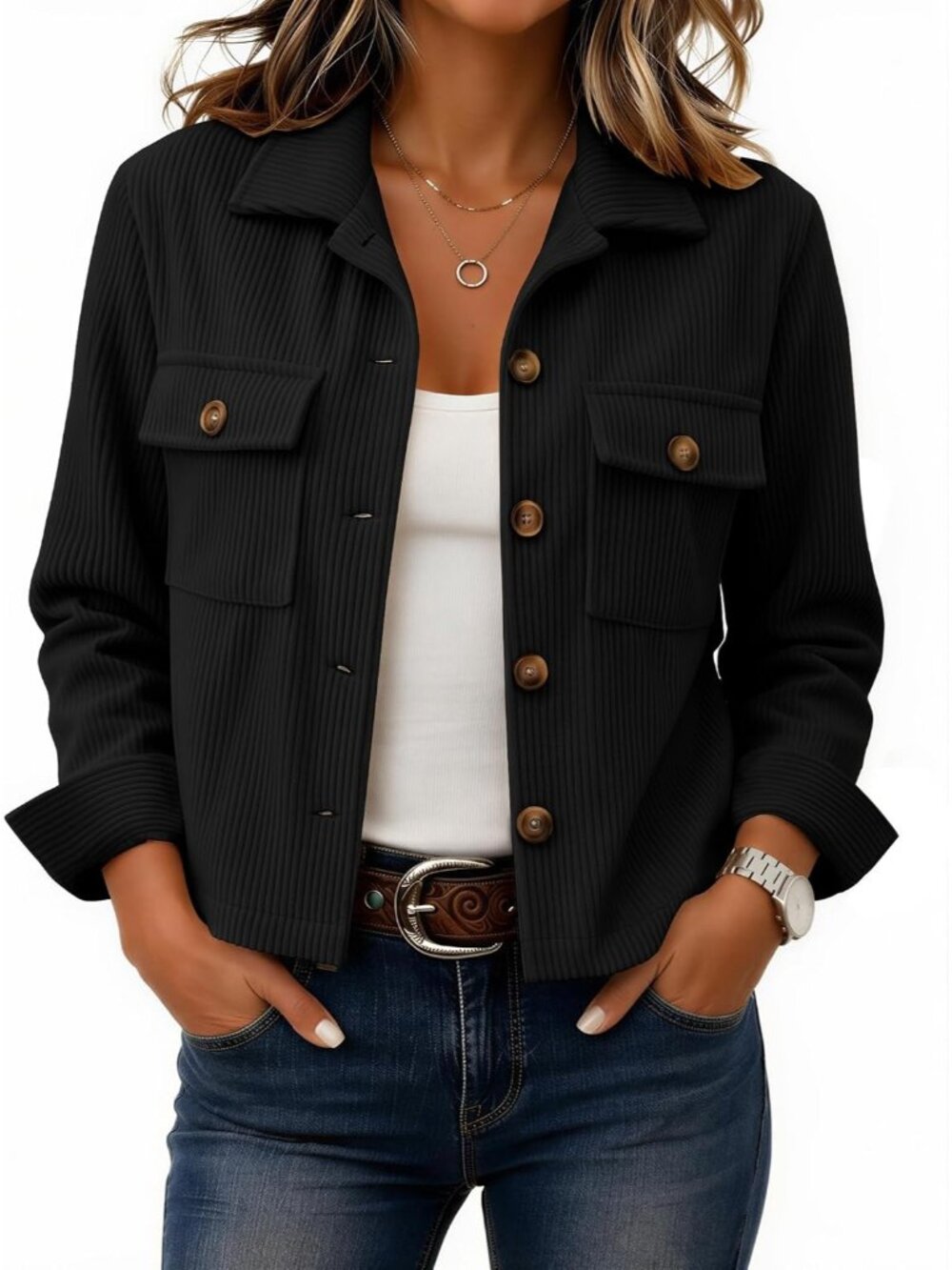 〽️Black Women's Cropped Corduroy Shacket Oversized Button Up Casual Jacket